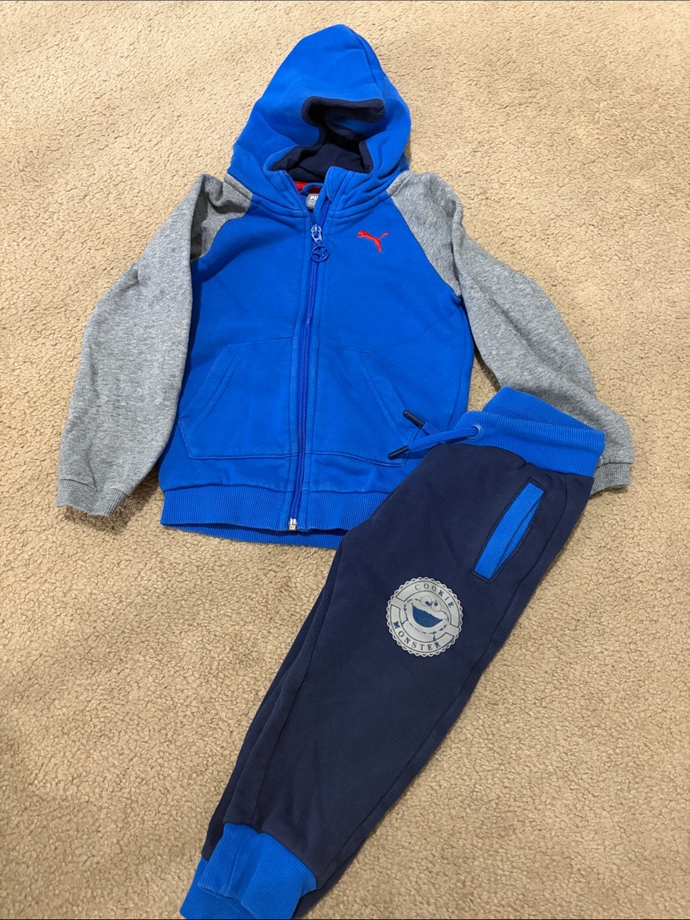Puma Blue Hoodie with Gray Sleeves & Navy Joggers